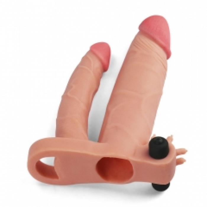 Add 2″ Pleasure X Tender Vibrating Double Penis Sleeve Flesh - Image 4