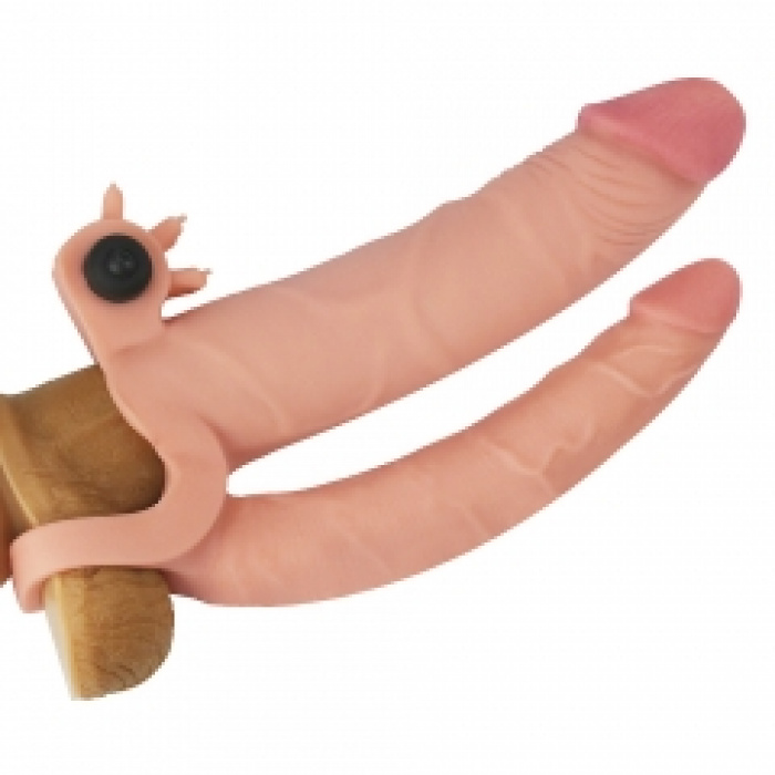 Add 2″ Pleasure X Tender Vibrating Double Penis Sleeve Flesh - Image 2