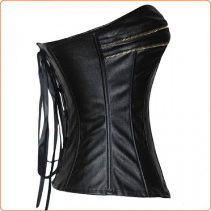 CLASSIC LEATHER GOLD ZIPPER OVERBUST TIGHTS CORSET - Image 2