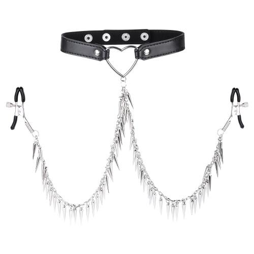 MW-X2089 Leather Collar with Nipplle Clamp Spikes Chains - Image 1