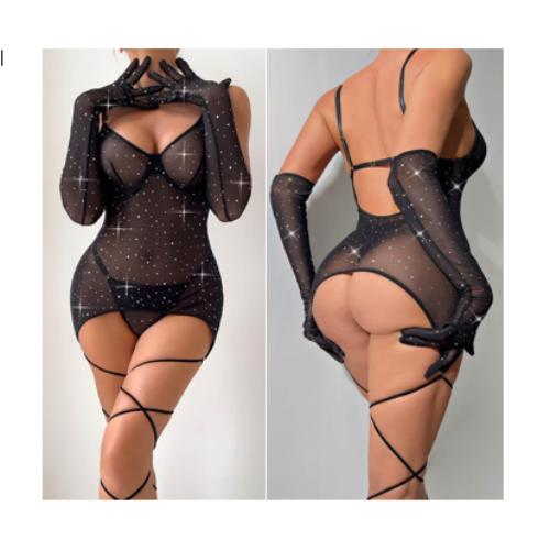 Screenshot_1 See-through Solid Rhinestone Glove Ties Three-Piece Set - Image 1